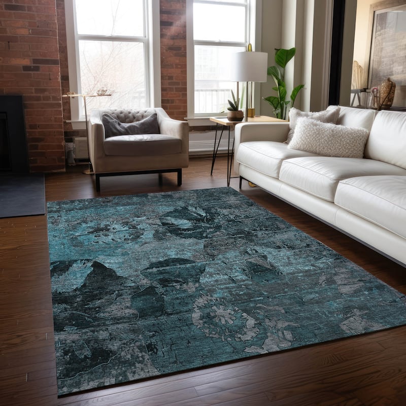 Machine Washable Indoor/ Outdoor Abstract Leaves Chantille Rug - Teal - 3' x 5'
