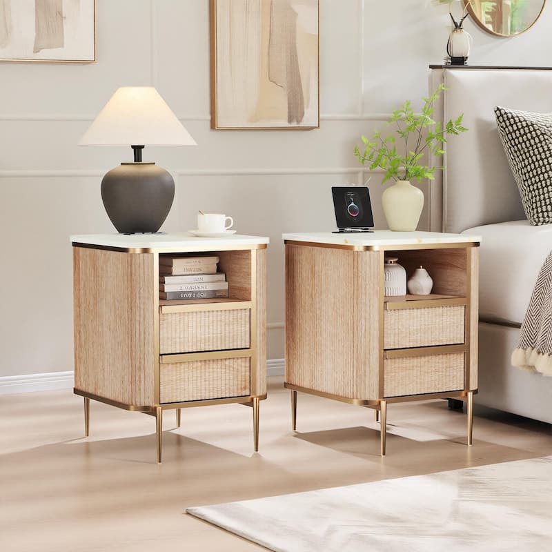 Modern Fluted Nightstand Set of 2 with Charging Station, End table