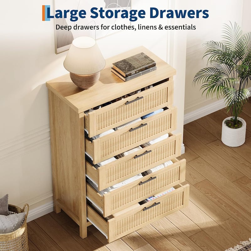 Modern Fluted Dresser with 5 Storage Drawers, Organizer Cabinet for Living Room, Bedroom