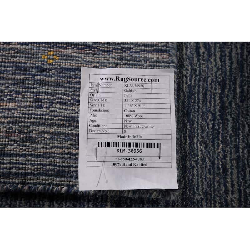 Striped Blue Gabbeh Oriental Area Rug Hand-Knotted Wool Carpet - 9'0"x 11'6"