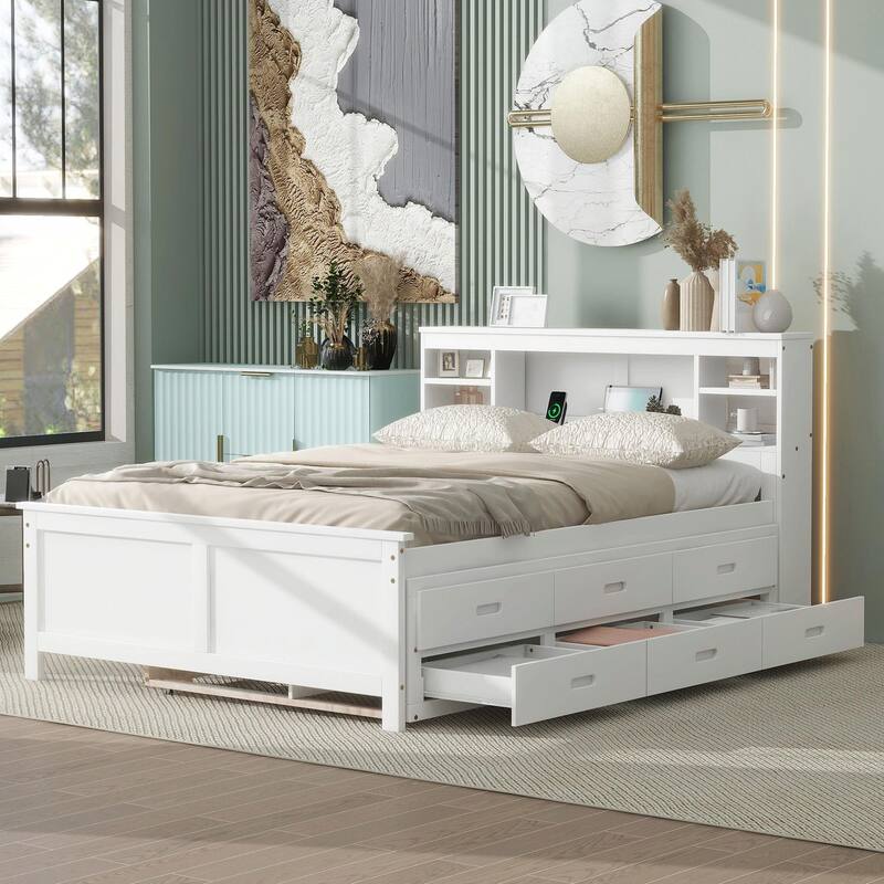 Platform Bed with Storage Headboard, USB Charging Ports, Twin Trundle, 3 Drawers