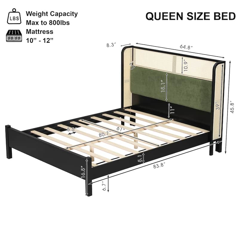 Christopher Knight Home - Mid-Century Upholstered Wood Low-Profile Platform Bed with Rattan Weaving Headboard