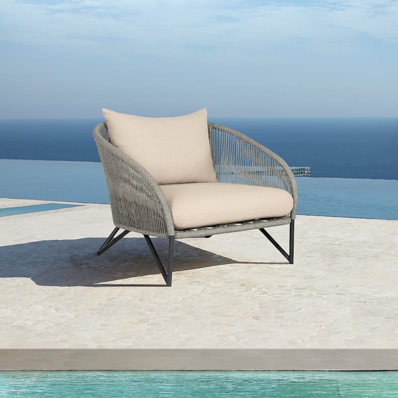 Benicia Outdoor Patio Club Chair in Black Steel with Gray Rope and Taupe Olefin Cushions