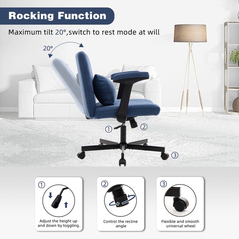 Velvet Swivel Office Chair with Wheels, Comfy Criss Cross Upholstered Vanity Chair, Desk Chair with Adjustable Height - Blue