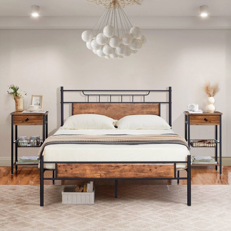 Javlergo 3-Piece Bedroom Set with Bed Frame and 2 Nightstand, Brown - Queen - 3 Piece