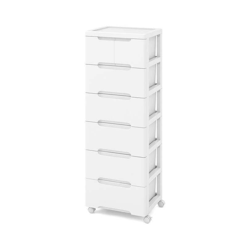 Multi-Drawer White PP Mobile Storage Organizer with Locking Wheels for Bathroom or Kids Room - 7-Drawer