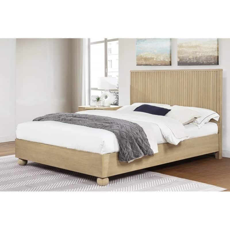 California King Size Wooden Platform Bed with Fluted Panels Headboard - Modern Minimalist Design, Light Oak Finish