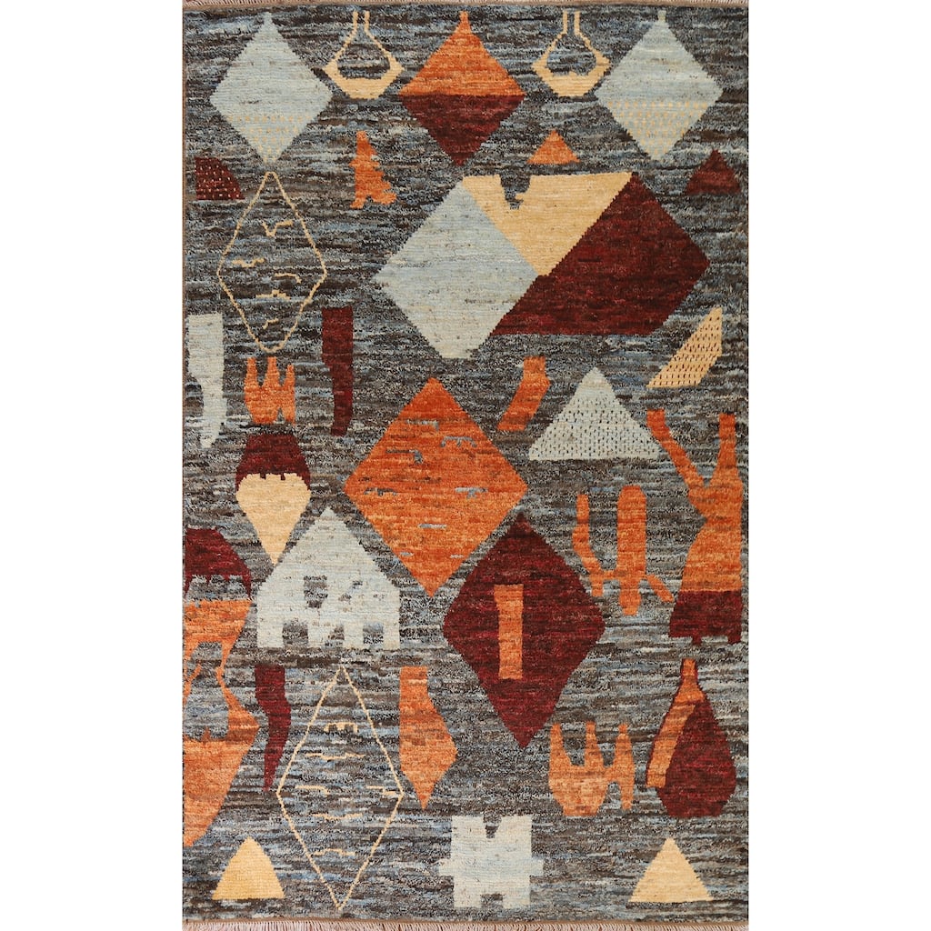 Hand Knotted Oriental 100% Wool Carpet Modern Tribal Greys & Charcoal Moroccan Area Rug - 10' 0'' X 6' 11''