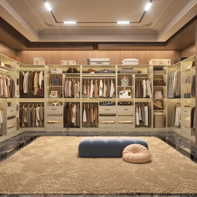 Qvella 72"-108" Closet System with Drawers and Hanging Rods,Freestanding Walk-in Closet Organizer System Wardrobe Closet Tower