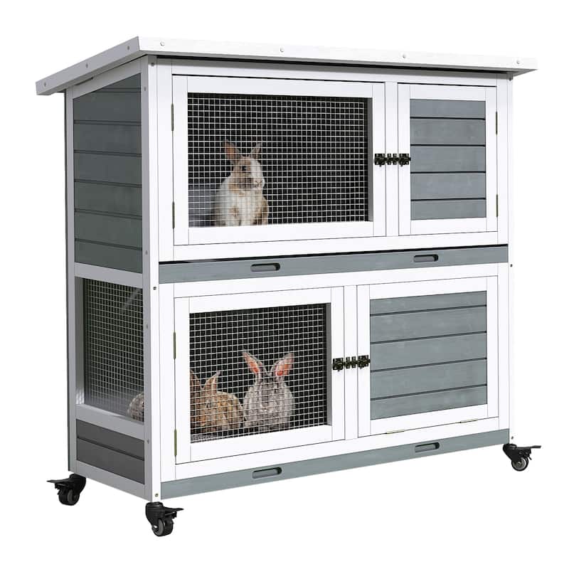 Moasis 41-inch 2-Tier Wooden Rabbit Hutch Bunny Cage with Removable Tray and Wheels