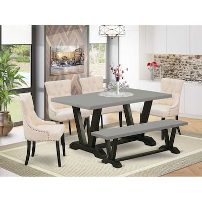 HomeStock 6-Piece Rectangle Natural Oak Finish Solid Wood Top Dining Table with 1-Bench, 4-Chairs