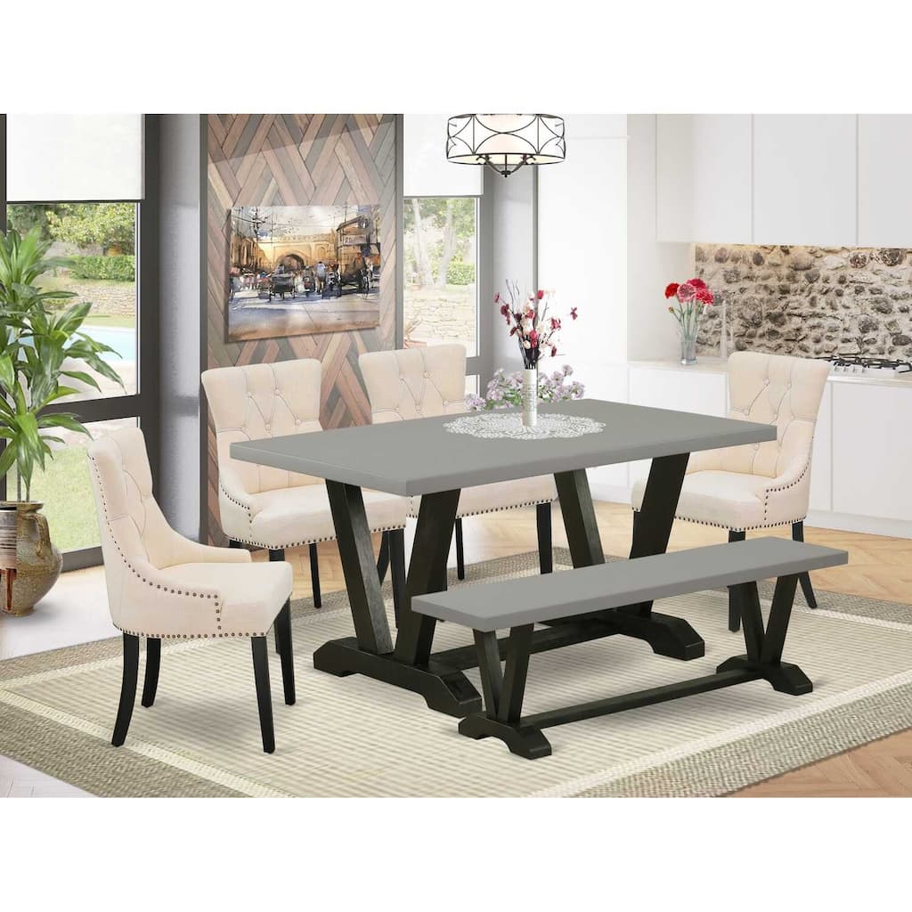 HomeStock 6-Piece Rectangle Natural Oak Finish Solid Wood Top Dining Table with 1-Bench, 4-Chairs