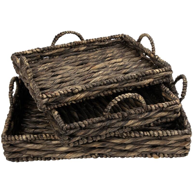 Rectangular Water Hyacinth Trays with Handles - 13.75" - Brown - Set of 3