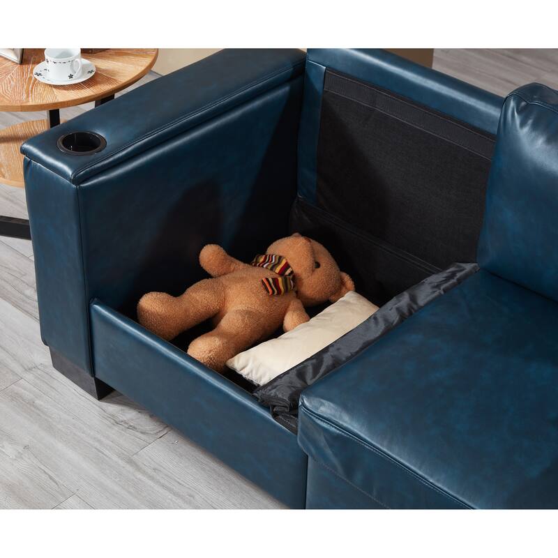 PU Leather Loveseat Sofa & 3 Seater Lounge Couch Set with Cup Holders, Storage Armrests and Seat for Living Room, Office