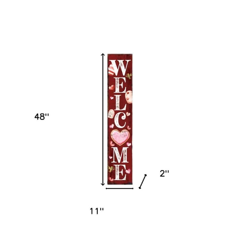 HomeRoots 48" Red And White Solid Wood Valentine's Day Heart Welcome Porch Sign