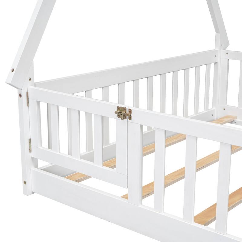 Tent-shaped Full Size Floor Bed with Guardrails, Slats, Door, for Kids