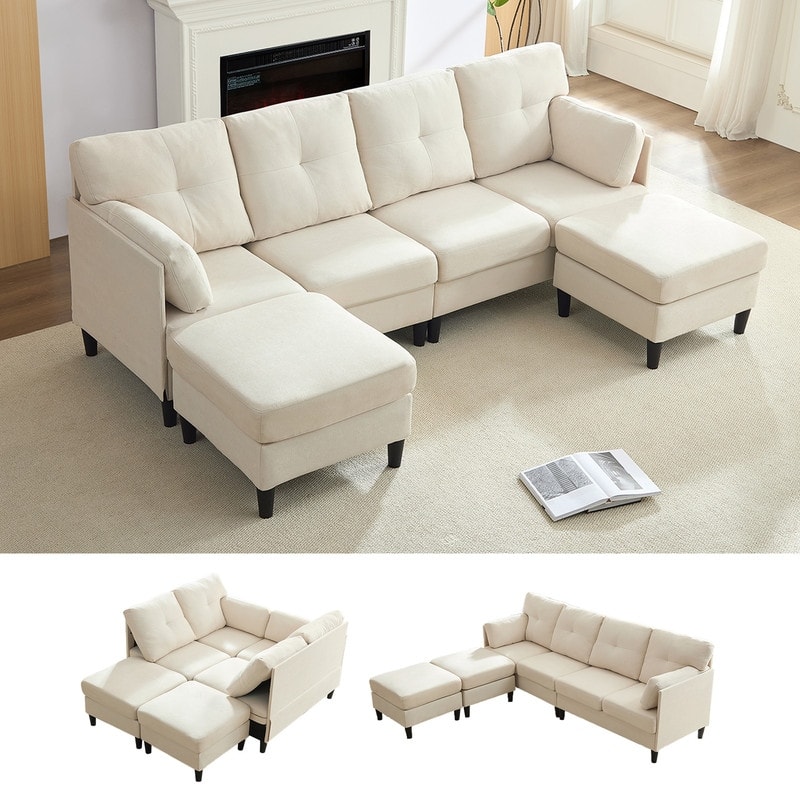 Mixoy W87"U-Shaped Sectional Couches,Velvet 4-Seater Convertible Sofa With Movable Storage Ottomans