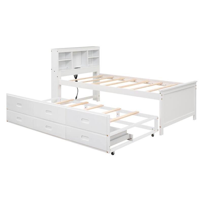 Twin & Full Size Platform Bed with Storage Headboard, USB, Twin Size Trundle and 3 Drawers