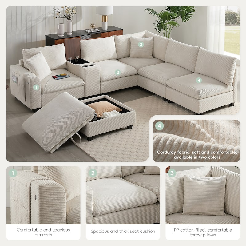 U-Shaped Chenille Upholstered Storage Sofa w/ Ottoman, Cup Holder, USB