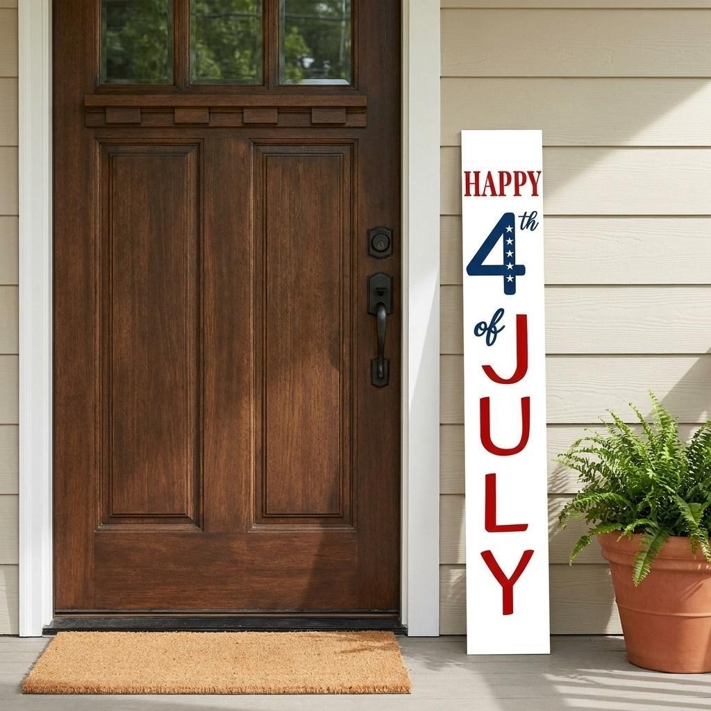 HomeRoots 47" Red White And Blue Solid Wood Happy July 4th Porch Sign