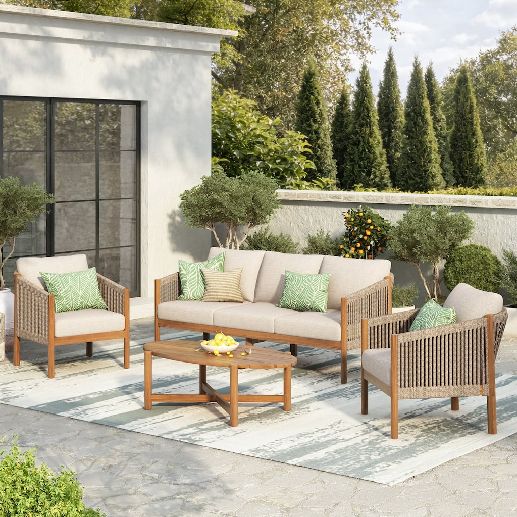 Christopher Knight Home - Modern Outdoor Acacia Wood and Rope Patio Conversation Set and Oval Slatted Coffee Table