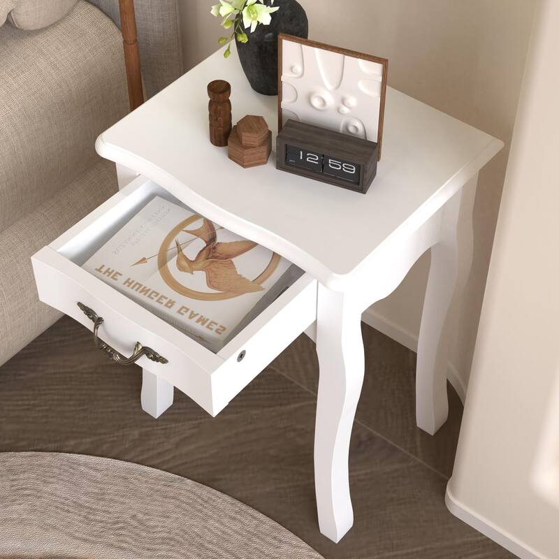 White Living Room Floor-standing Storage Table with a Drawer, 4 Curved Legs