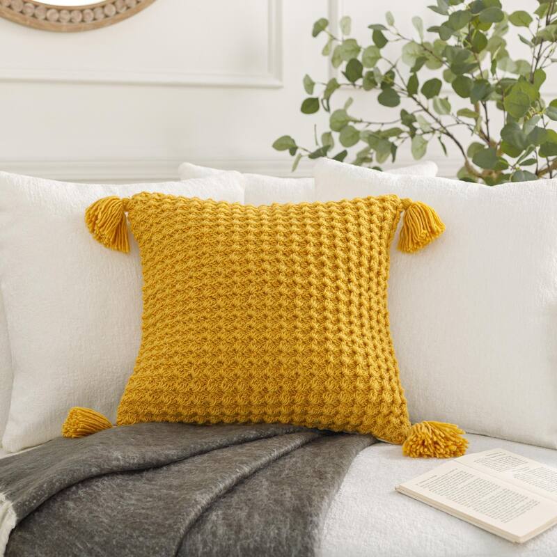 Artistic Weavers Kalae Large Knit Crochet Pattern Throw Pillow - 18x18 Cover Only - Cover Only - Mustard