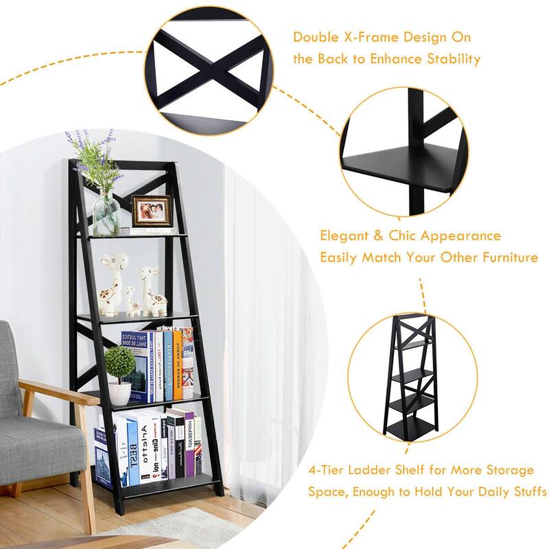 2 Pcs 4-Tier Ladder Shelf Bookshelf Bookcase Storage Display Leaning - Black