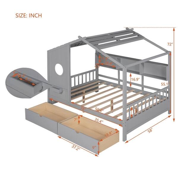 dimension image slide 2 of 4, Wooden House Bed Kids Storage Bed Frame with 2 Drawers, Storage Shelf for Kids Teens Adults, Wood Slat Support