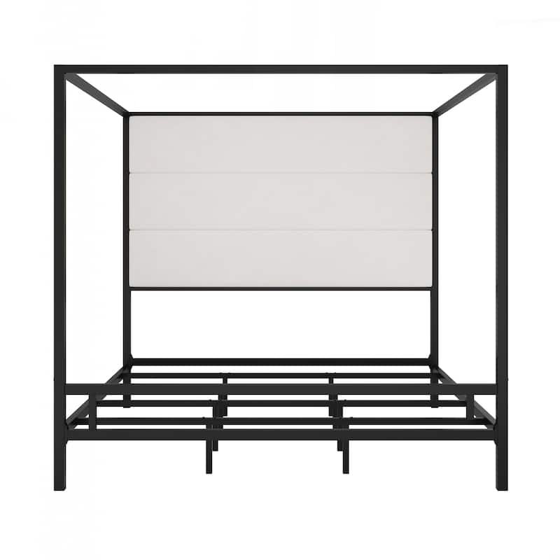 Upholstered Headboard Metal 4-Poster Bed Frame, Box Spring Needed