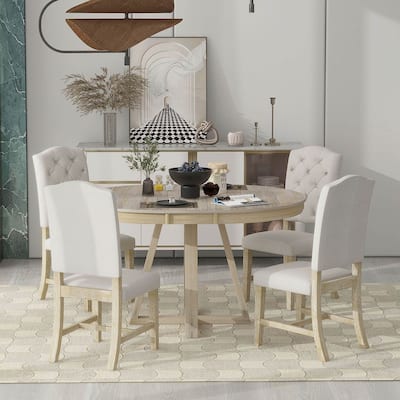 5 Piece Vintage Style Table Set, 42"-58" Extendable Round Dining Table with 4 Upholstered Dining Chairs