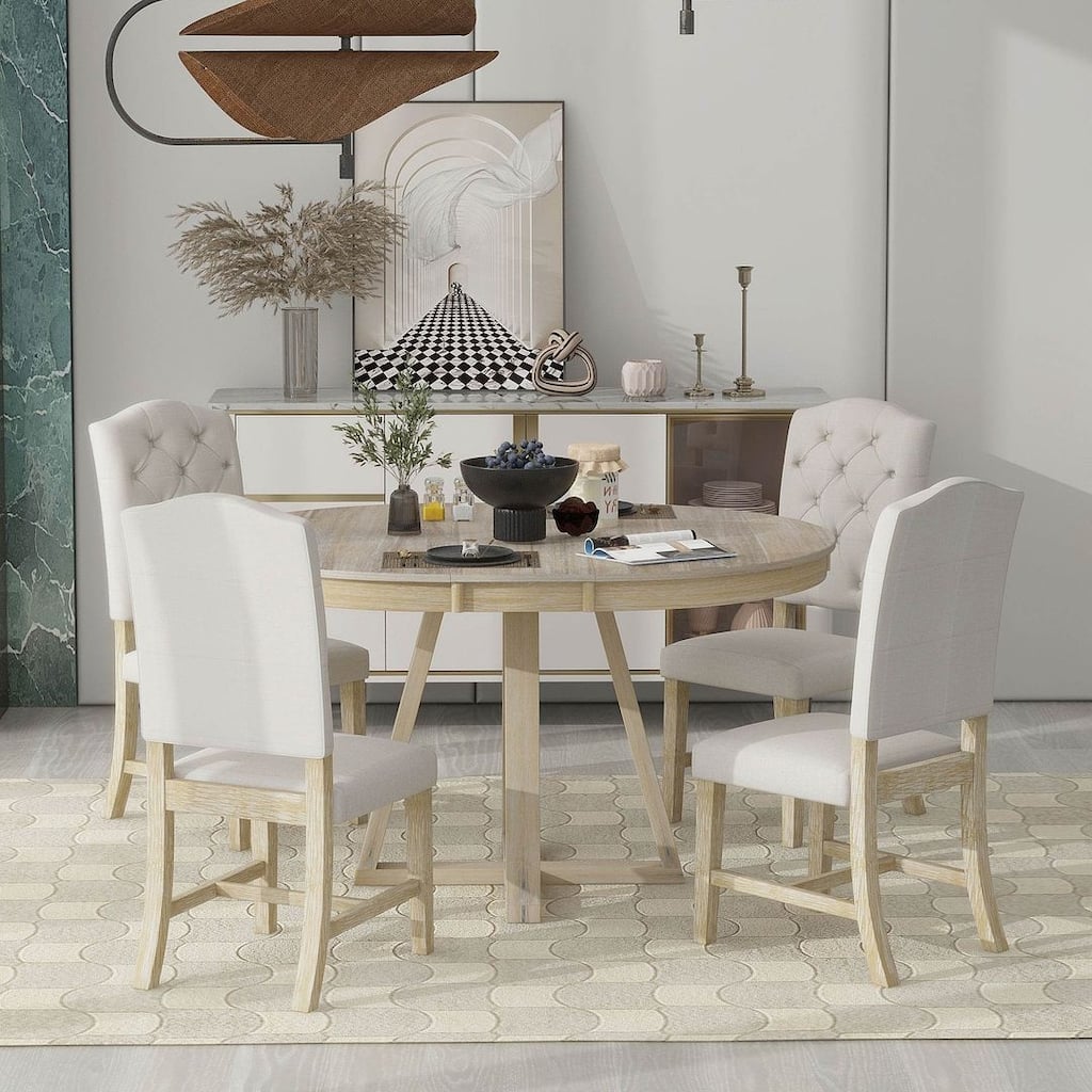 5 Piece Vintage Style Table Set, 42"-58" Extendable Round Dining Table with 4 Upholstered Dining Chairs