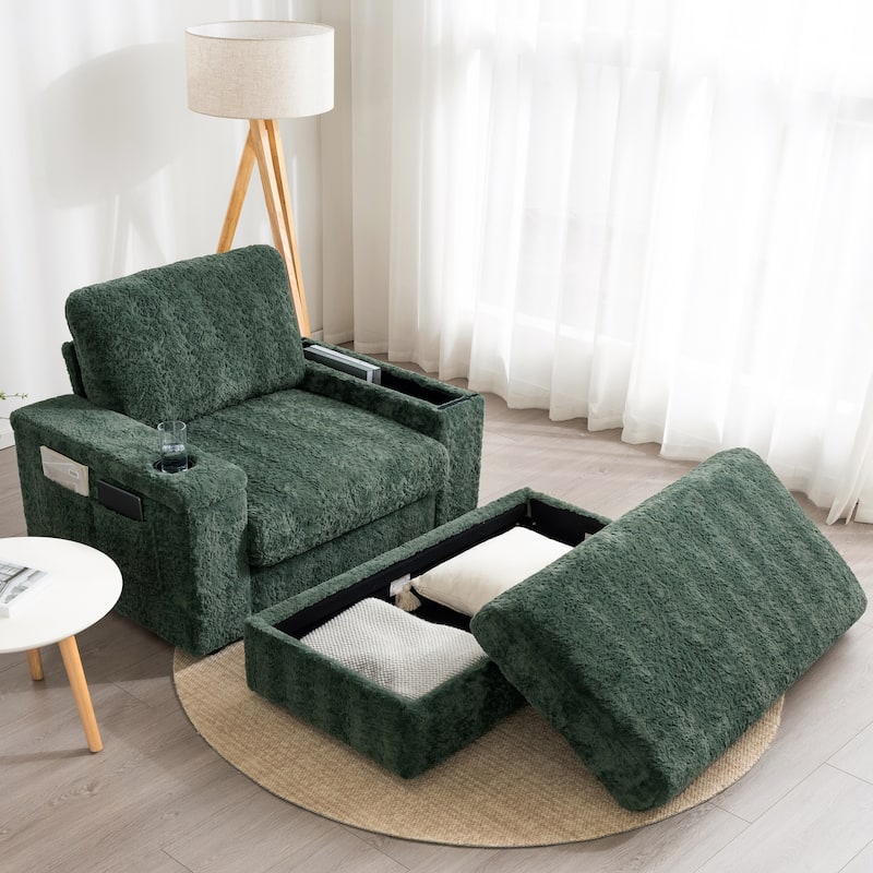 Roomfitters Oversized Chaise Lounge Sofa Bed with Ottoman, Faux Fur Sleeper Chair with Cup Holders - Green
