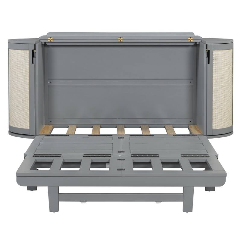 Folding Bed Convertible Sideboard with Hidden Storage, Modern Woven Murphy Bed Wood Hidden Wall Platform Bedframe Chest