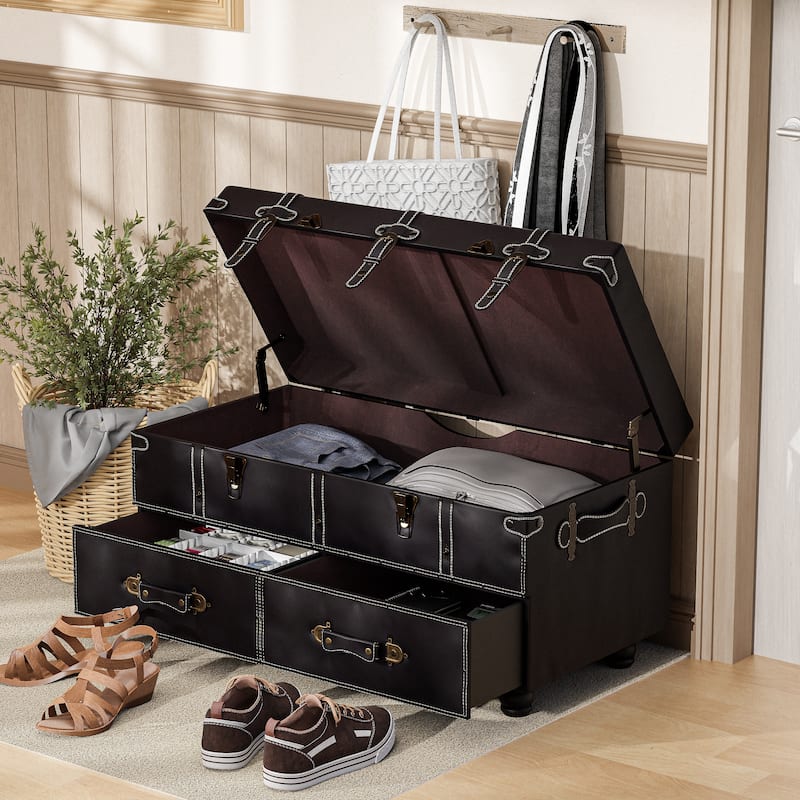 COZAYH Vintage Storage Ottoman Bench, Chest Cabinet with Latch Closure and Buckle for Bedroom Closet Home Organizer Decorative