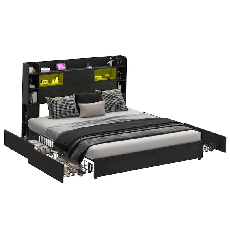 Queen/King Size LED Bed Frame with Bookcase Headboard, 4 Storage Drawers and Charging Station