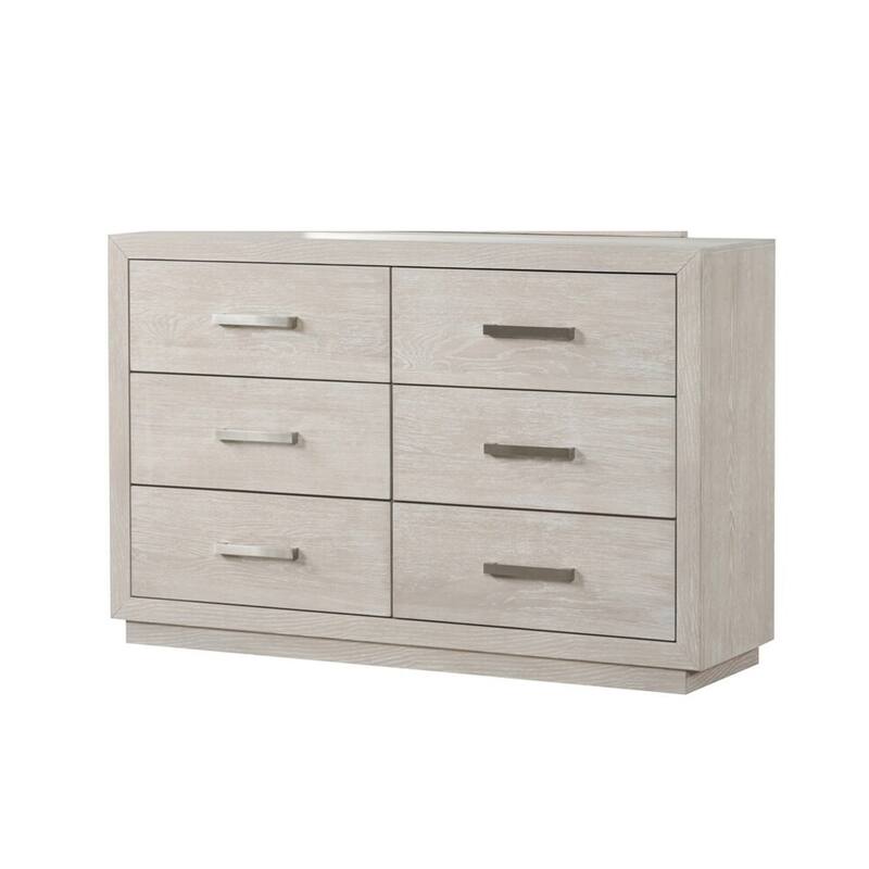Kexa Wide Dresser, 6 Drawers, Light Gray Solid Wood, Nickel Metal
