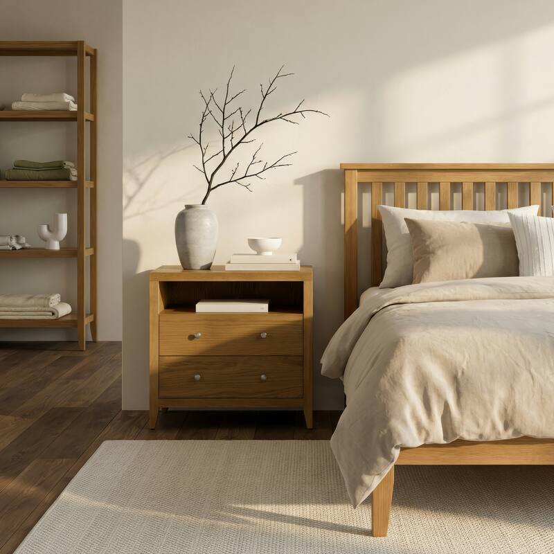 Dana 28 in. W Rectangular Wood 2 Drawer Nightstand with Top Shelf - Natural