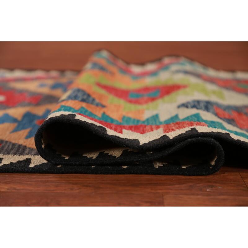 Hand Woven Oriental 100% Wool Carpet Southwestern Geometric Multi-Colored Kilim Runner Rug - 12' 10'' X 2' 9''