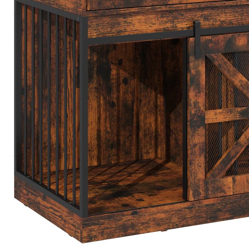 Double Dog Crate Furniture w/Drawers for Small Dogs, Rustic Farmhouse Dog Kennel End Table, Sliding Barn Doors - 47.2"W