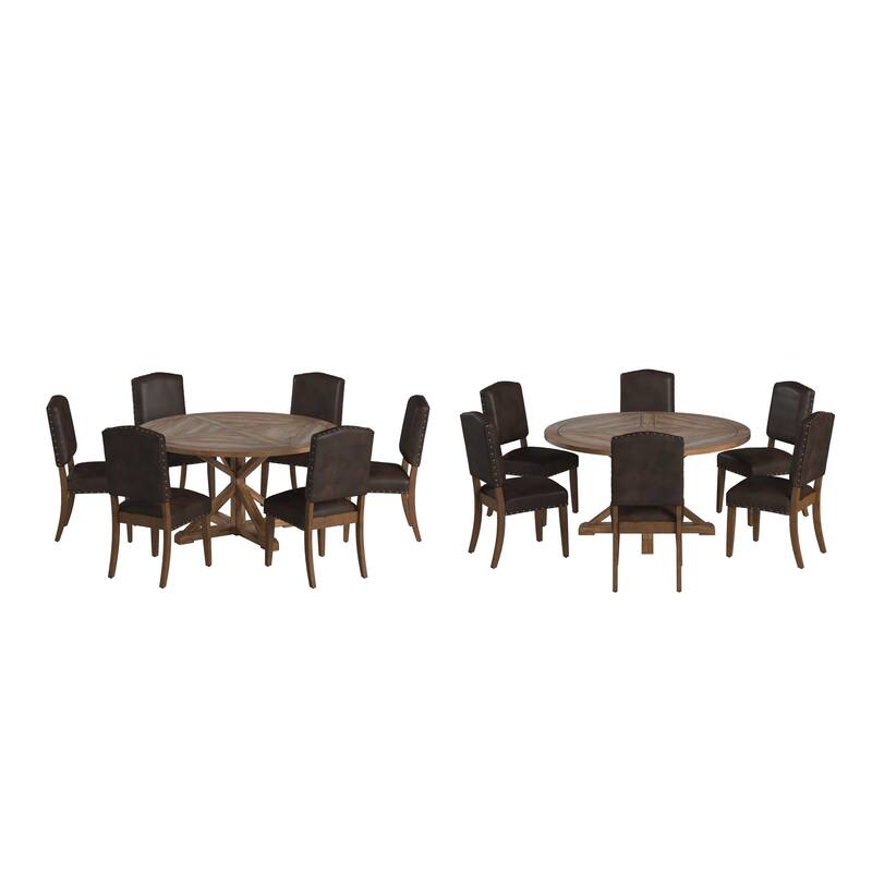 Krakova X-Base Round Table With Premium Tufted Nailhead Upholstered Chairs Set - Brown