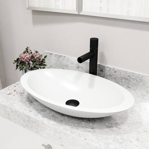 VIGO Wisteria Matte Stone Vessel Bathroom Sink with Ashford Bathroom Faucet and Pop-Up Drain
