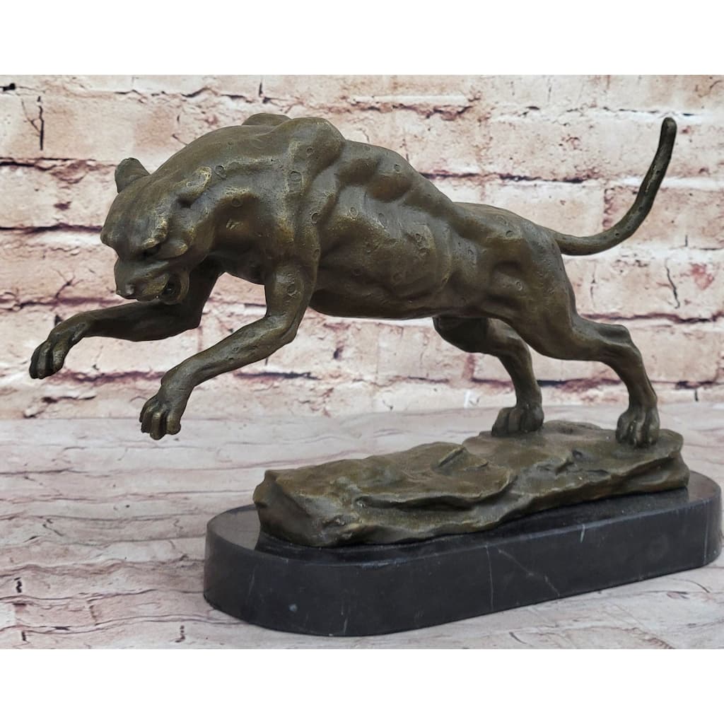Handmade Panther Jumping Bronze Sculpture Cubism Statue Cougar Puma Feline