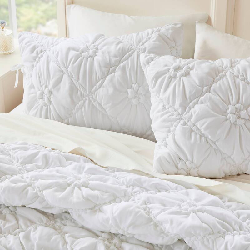 3PCS Full/Queen Textured Floral Comforter Set with Shams Puffy Design All Season Comfort
