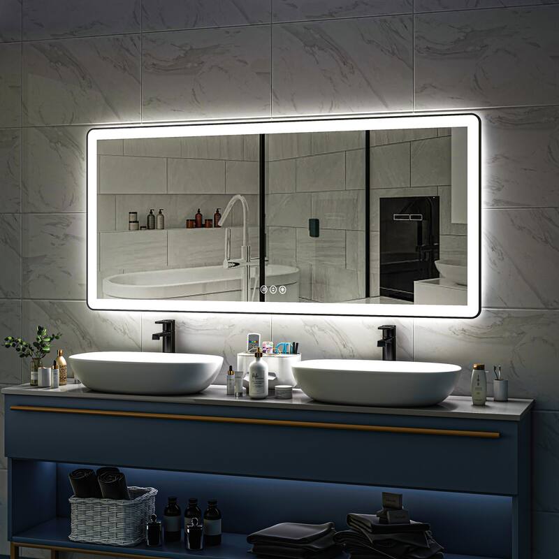 TOOLKISS Black Frame Anti-Fog Dimmable LED Light Vanity Bathroom Mirror with Backlit and Front Light