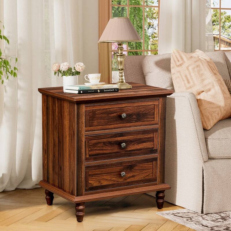 Nightstand with 3 Drawers P2 Particleboard with 3D Paper Finish + Solid Wood Legs 1 Piece - Brown