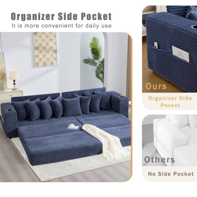 110.75" Corduroy Sectional Sofa, Convertible Sleeper Sofa Bed L-Shaped Upholstered Couch with Removable Footstool, Cup Holder