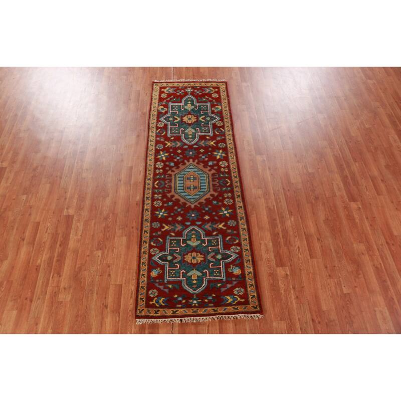 Red Geometric Khotan Indian Runner Rug Hand-Knotted Wool Carpet - 2'7"x 7'8"