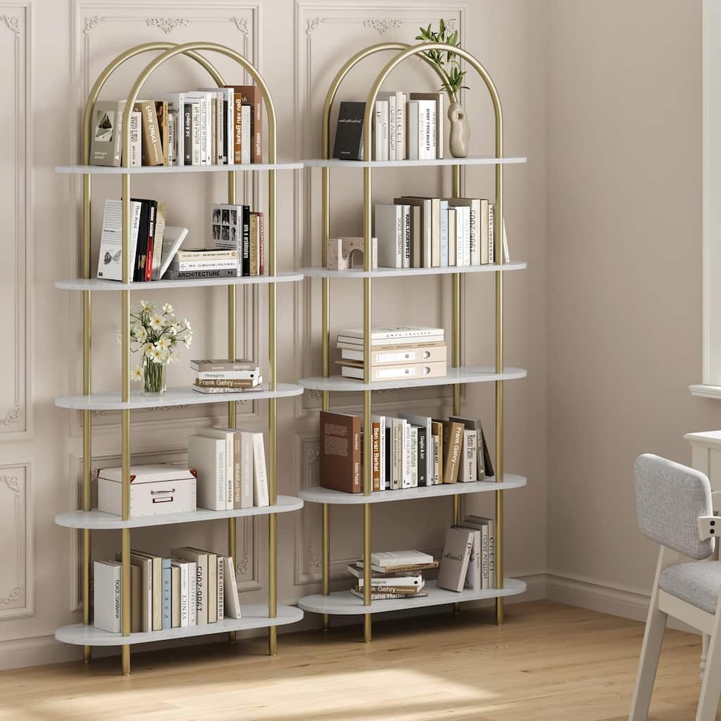 2Pcs 71" Bookshelf 5 Tier Bookcase Arched Display Racks Tall Bookshelf Freestanding Open Storage Shelf