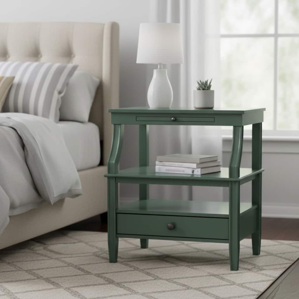 Vintage Green Storage Nightstand with Drawer and Pull-Out Tray